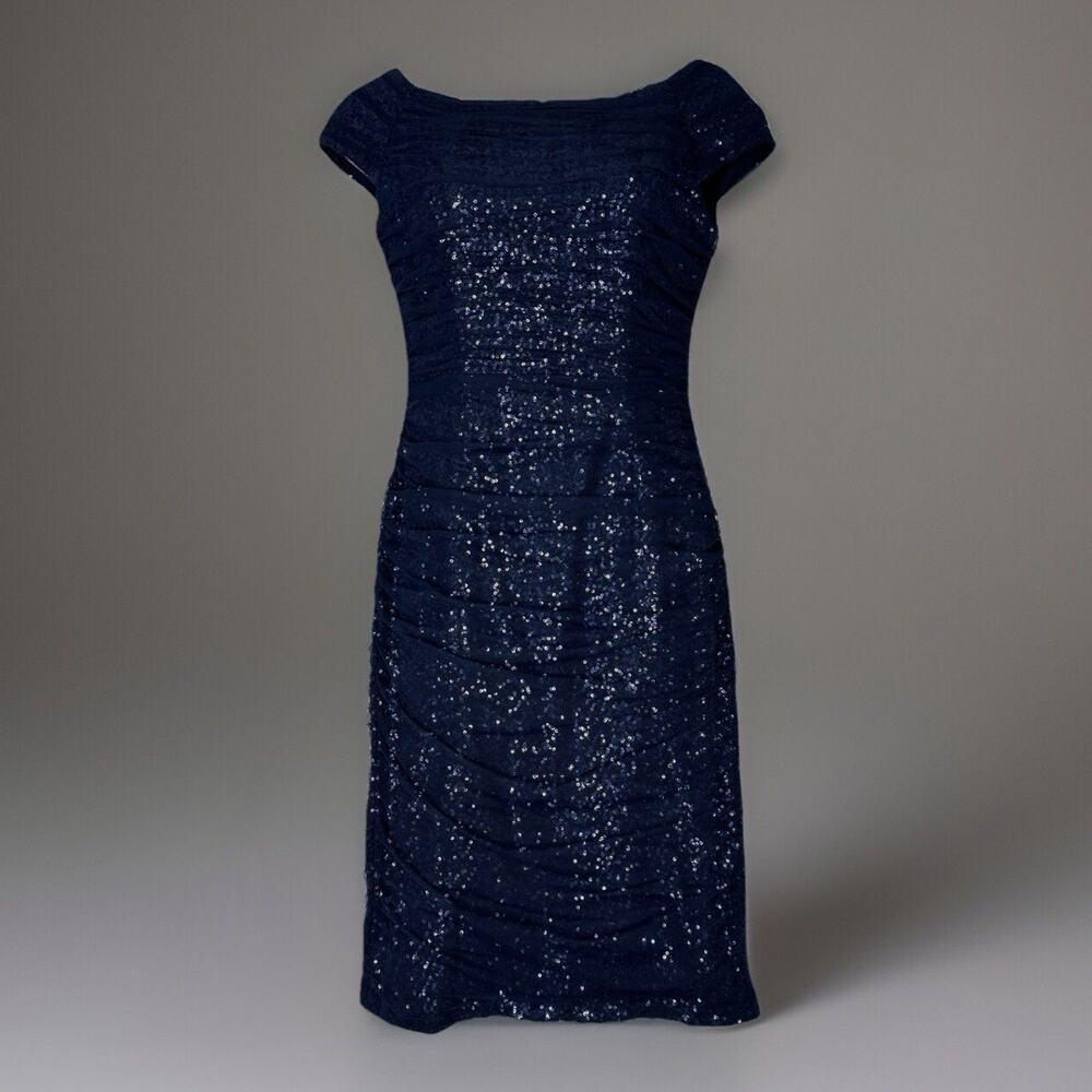 Lauren Ralph Lauren Evening Womens Dress 4 Blue Sequin Mesh Ruched Cocktail
